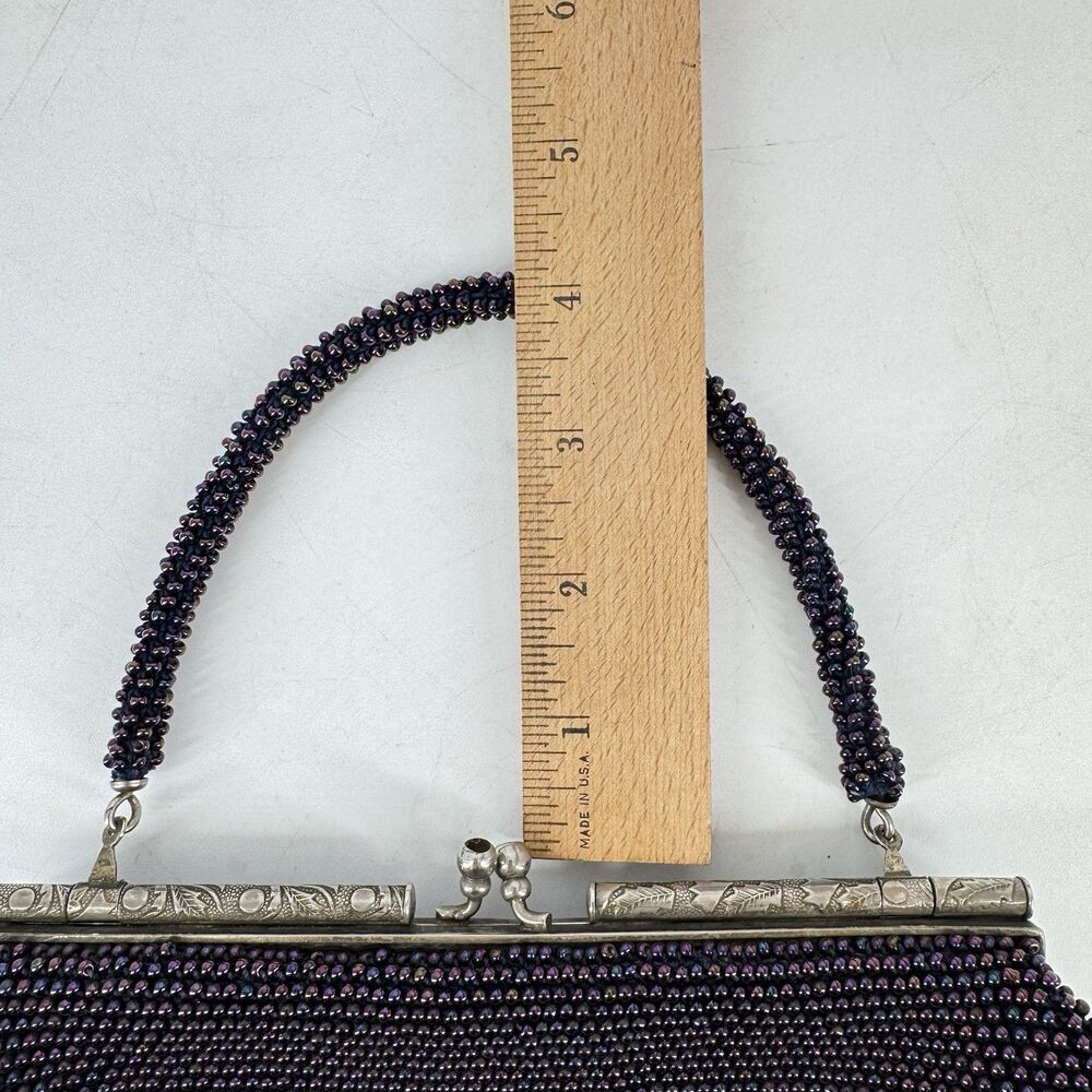 Vintage Purple Beaded Evening Bag Clutch Purse Silver Frame Kiss Lock 10” - Picture 10 of 11